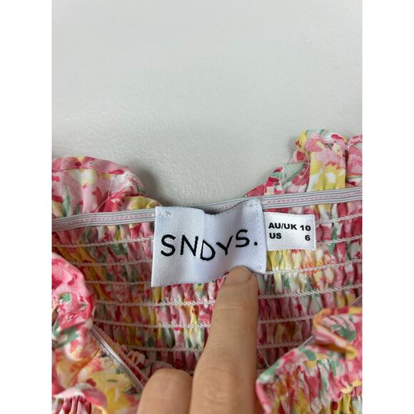 SNDYS Revolve Courtney Floral Smocked Midi Dress Pink 6 Wedding Guest Coquette - Picture 5 of 8